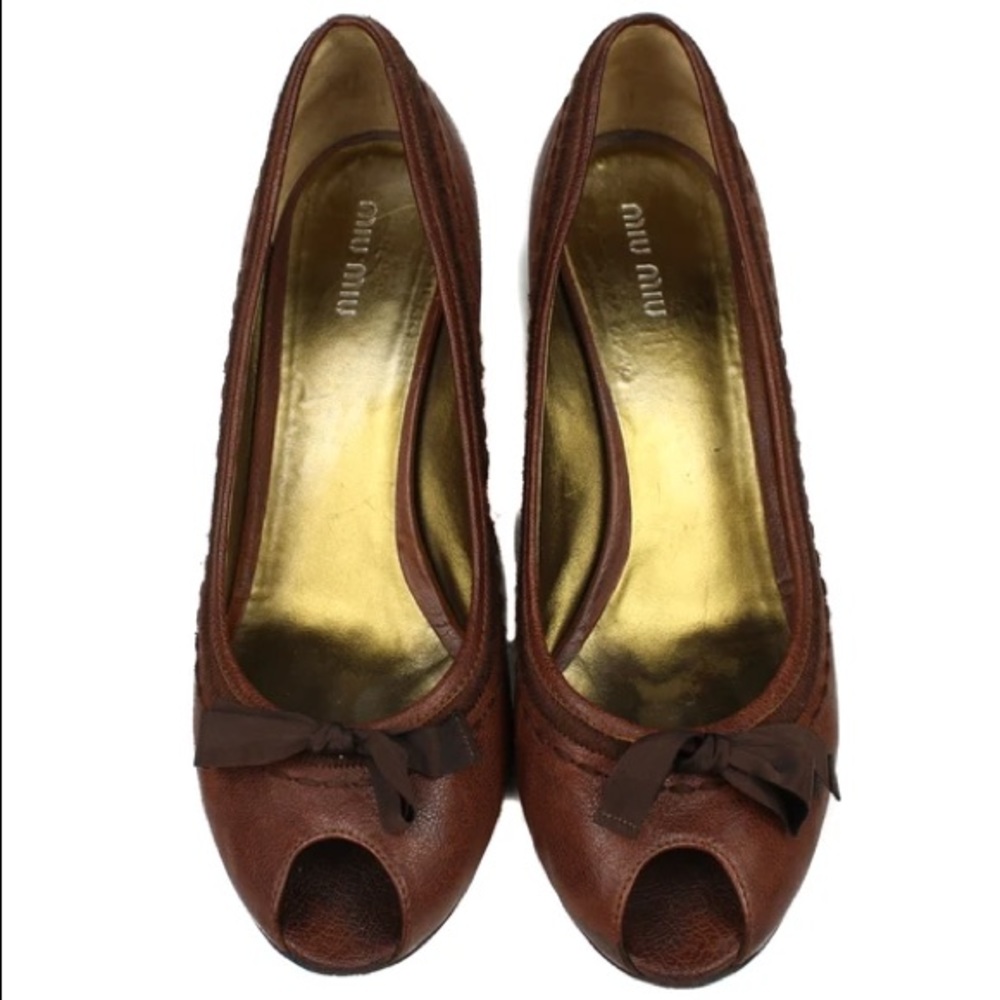 Miu Miu leather wood peeptoe wedges 36.5 - Picture 6 of 6